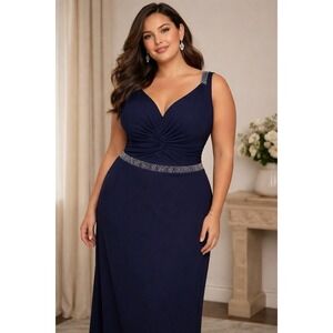 Rolii Navy Rhinestone Waist Evening Gown Twist Bodice Sleeveless Formal Dress